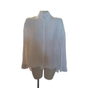 Catherine Malandrino Striped Button-Up Blouse High Collar XL officecore boardroo